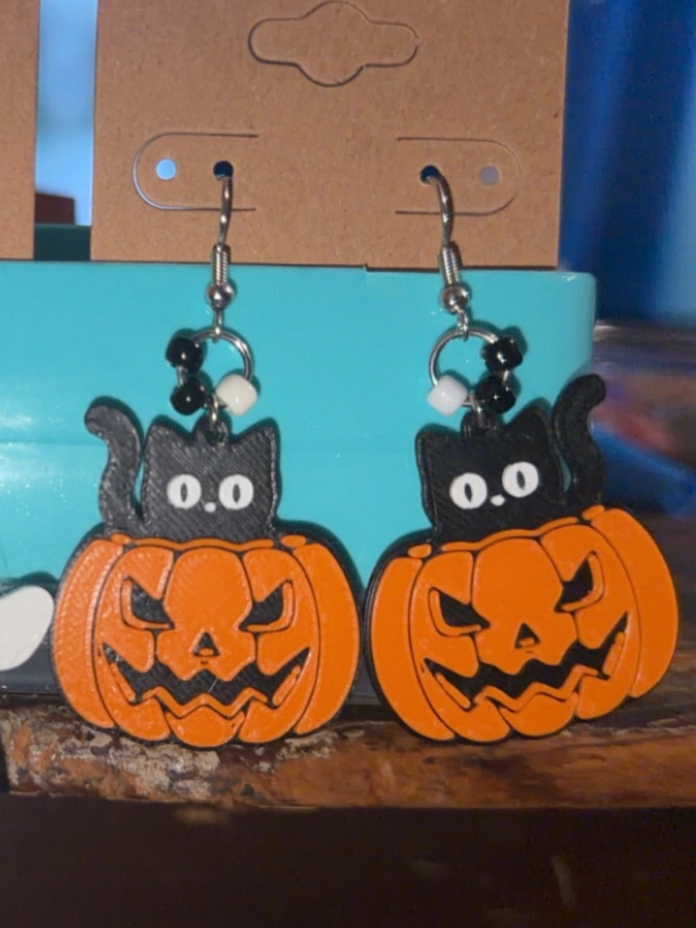 Halloween Pumpkin & Black Cat Dangle Earrings - Orange
